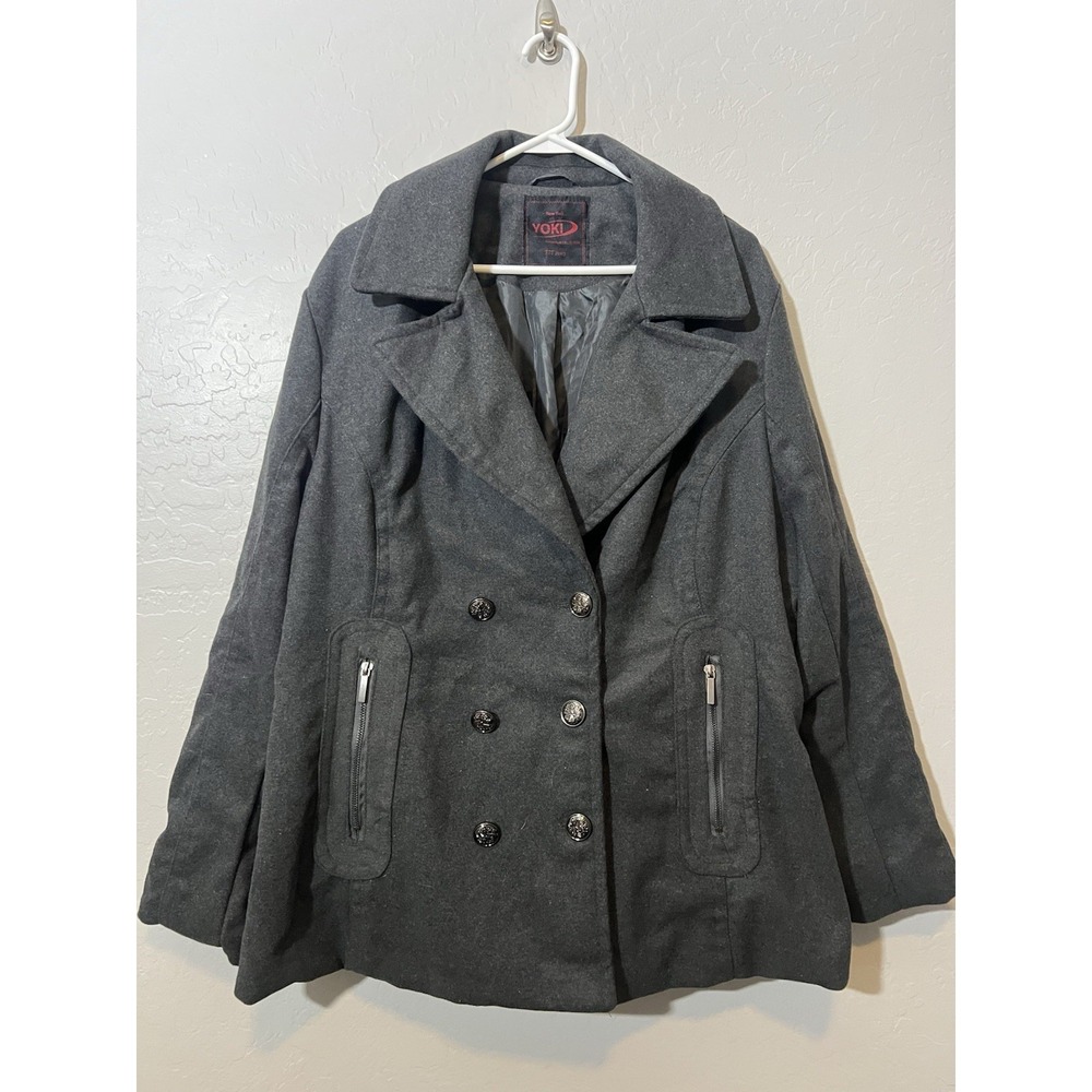 Yoki Gray Wool Jacket Women's XL Pea Coat Style Shield Buttons Warm Zip Pockets